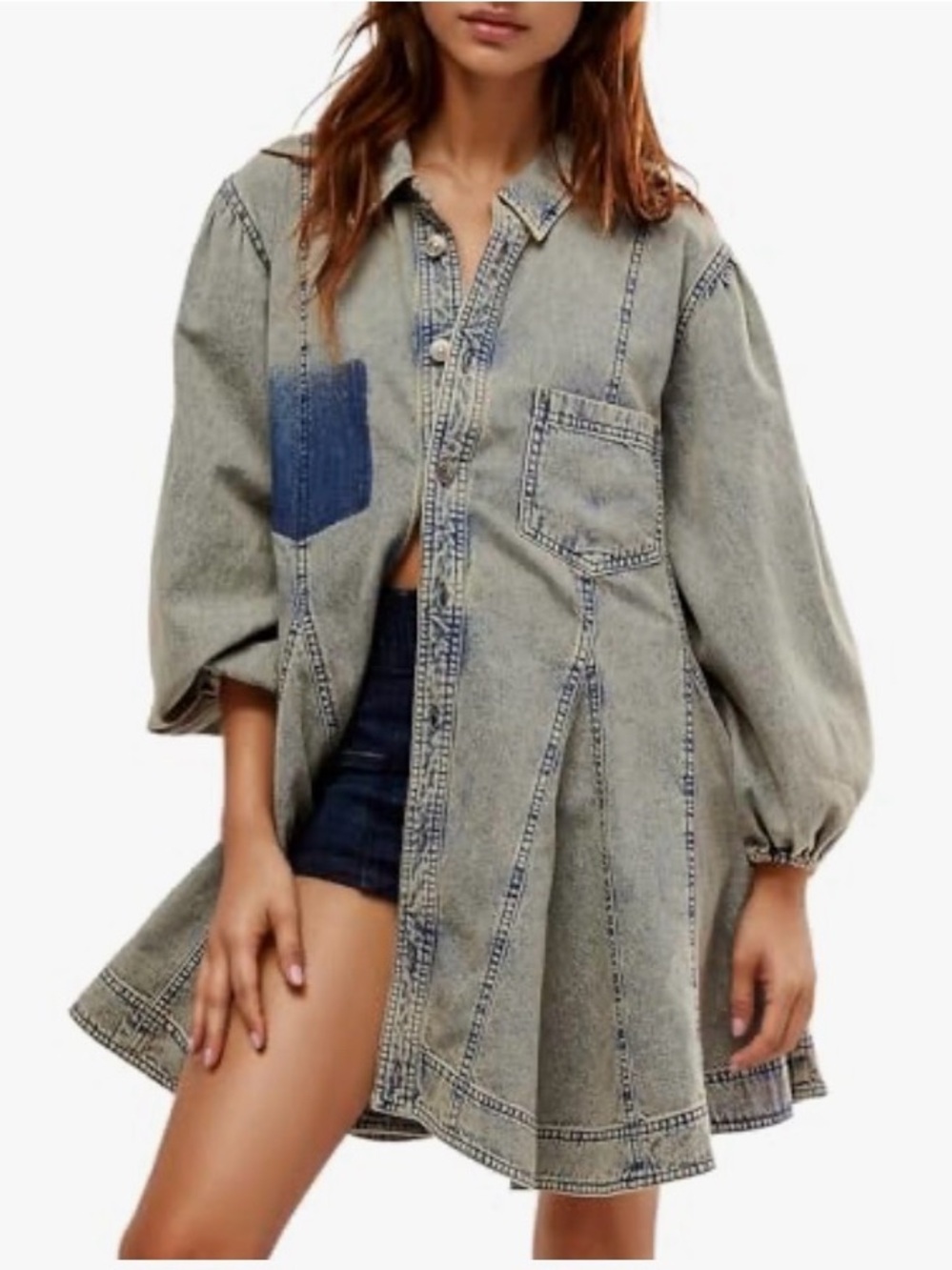 Amazon Women's Washed Denim Mini Dress in Light Gray with Blue Patch